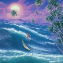 1980's aesthetic vaporwave surfer on waves with palm trees