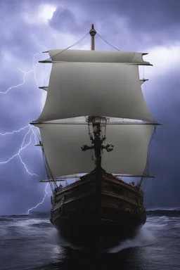 Wooden Ship front view with a Spider figurehead at night in a storm with giant waves