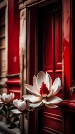 photographic image, close-up of beautiful magnolia flower foreground, red wall of ancient building in the style of the forbidden city of china, background of ancient wooden doors and windows, beautiful phantom, highly delicate and clear foreground, 8k, grand prize photography.