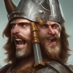 Portrait of Gradwulf the barbarian warrior. He is an unattractive man in his 30s with battlescars across his face. He wields a two-handed battle-axe and wears a corinthian helmet.