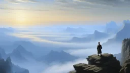 El caminante sobre el mar de nubes de Caspar David Friedrich → Interiorismo de montaña → Romanticismo alemán → Piedra rústica, ventanales panorámicos y alturas dobles → Composición con un eje central focal frente a la inmensidad → Luz mística filtrada por la niebla → Gris montaña, azul gélido, blanco y marrón tierra → Atmósfera sublime, solitaria y de profunda meditación