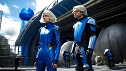 A full-body photograph of a young, slender woman with blond shoulder-length bob hair in a blue jumpsuit, standing in a futuristic cityscape with advanced spacecraft behind them, with a man in a huge metal exosuit with a helmet standing guard beside her.
