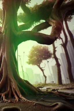 Cyberpunk theme, portrait of Oak tree roots holding man inside, misty sunny day, close-up portrait, symbios