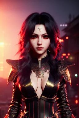 Smirking anime vampire, waist up portrait, 8k resolution, intricate details, ornate details, soft lighting, vibrant colors, retroanime, masterpiece, intricate eyeliner, dark eyeshadow, eyes, intricate tattoos, futuristic cityscape background
