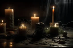 Candles and horror atmosphere. Everything flies through the air against a background of horror, darkness and dust The spider webs make the picture look old
