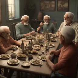 Family dinner, old man sitting at the top of the table, tension, 8k, HD, cinematography, photorealistic, Cinematic, Color Grading, Ultra-Wide Angle, Depth of Field, hyper-detailed, beautifully color-coded, intricate details, beautifully color graded, Cinematic, Color Grading, Editorial Photography, Depth of Field, DOF, Tilt Blur, White Balance, 32k, Super-Resolution, Megapixel, ProPhoto RGB, VR, Halfrear Lighting, Backlight, Natural Lighti