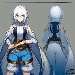 Clear focus, High resolution, rough line sketch art, short fluffy white hair, hair between eyes, fluffy hair, blue eyes, wearing a sleeveless shirt, wearing shorts, detailed outfit, lots of details, bow on belt, white belt, white and blue everywhere on outfit, cut sleeve, yellow chains around outfit, concept art