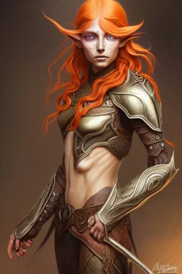 portrait painting of an elven young woman with short light orange hair and freckles and tree tattoos on his cheekbones light armor, full body, ultra realistic, concept art, intricate details, eerie, highly detailed, photorealistic, octane render, 8 k, unreal engine. art by artgerm and greg rutkowski and charlie bowater and magali villeneuve and alphonse mucha