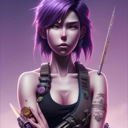 revy black lagoon, purple hair, black tank top, jean shorts, tribal sleeve left arm, portrait shinkai makoto, studio ghibli, studio key, madhouse anime studio, artgerm, lau rossdraws james jean marc simonetti pixiv