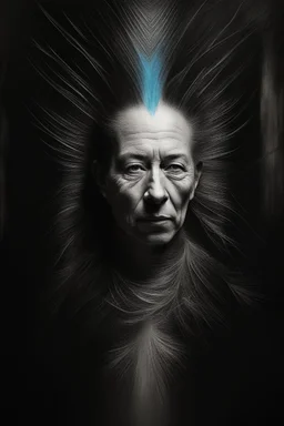 Hyper Realistic Aerial Grungy Dark-Grey Brush strokes on a dark rustic background with charcoals, the face is printed on tin can