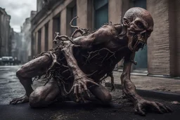 uber extreme silicone diorama of a grandiose and cinematic photo in realistic colors (sparks around) ((Rare parasite creature Holding a membranous cocoon)) dirty realistic metal ragged clothes, dynamic pose and expression, in the city ally of ancient tales