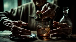 close up photo from an old woman's wrinkled hands holds one brown herb water in vintage water glass with , thriller, sinister , old witch interior, dark mood, perfect photo