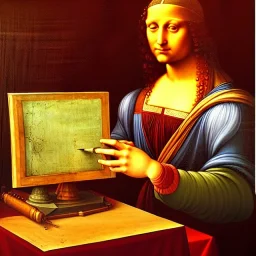 leonardo da vinci with computer. creating in photoshop. hyperdetailed, warm colors, movie poster, photoillustration, oil on canvas, lens flare