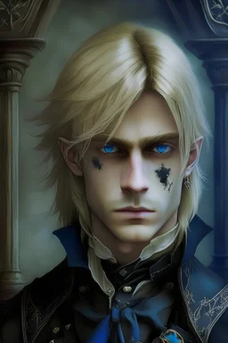 young adult link from the legend of zelda wearing a black tricorn, extenuate his blue eyes and blonde hair, make the aesthetic gothic victorian