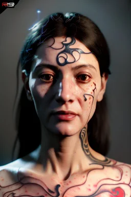 Ultra Realistic image, 38 years old Spanish woman, portrait, small complexion, natural small busty, traditional Japanese tattoo, jakuza style, vibrant color, highly detailed, art stations, concept art, smooth, unreal engine 5, god rays, ray tracing, RTX, lumen lighting, ultra detail, volumetric lighting.