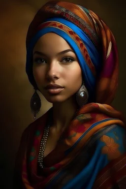 Showcase the beauty of diversity by creating portraits that represent various cultures. Highlight unique clothing, accessories, and facial features. woman