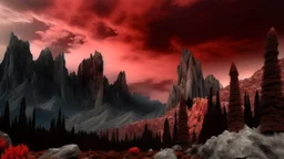 mountains, a gloomy rocky landscape, cypresses stretching up in the foreground, rocks and a bloody sky in the background