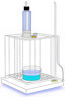 draw image of the experimental setup for electrolysis of color solution, showing electrodes dipped in a beaker, electrical wire, and dc power supply.