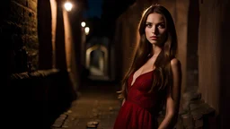 Professional and high quality photo closeup of a beautiful slender 20 year old caucasian girl. Her long thick straight hair is light brown. She is wearing a red silk dress. She is standing next to a wall in an old dark alley of a medieval town at night. She is staring at the viewer.