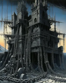 A black fortress with a dungeon filled with chains painted by Max Ernst