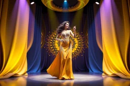 modern stage with gray-dark yellow blueish violet theme artistic decoration , color full dynamic lighting, a beautiful lady in maxi dress with shining silver jewels ,curvy long hair,dancing, 3D recursive fractal structure animating background