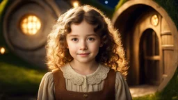 Little very young hobbit girl, beautiful, confident, calm, wise, happy, innocent, facing camera, head and shoulders, curly hair, hobbit clothing, perfect eyes, LOTR village, hobbit homes with circular windows and circular doors, night scene, stars, fireflies, 16k artistic photography, exquisite composition, photorealistic concept art, soft natural volumetric light, chiaroscuro, award-winning photograph, masterpiece, style William-Adolphe Bouguereau