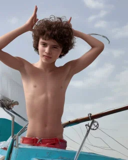 beautiful 12 year old arabic boy with long, curly hair and light blue eyes,shirtless, in front of a boat