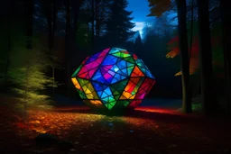 A giant multicolored dodecahedron emitting lights in the middle of a forest