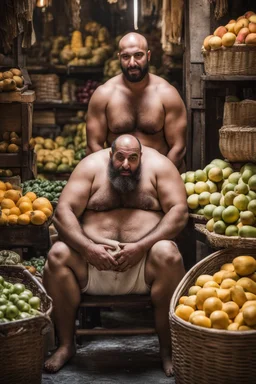 half figure photography of a burly chubby muscular strong 39-year-old arab in Istanbul bazaar, ajar mouth, shirtless, short beard, bald, selling fruits sitting on an old chair, big shoulders, bulge, manly chest, very hairy, side light, view from the ground