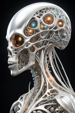 3D rendering of Expressively detailed and intricate of a hyperrealistic “alien anatomy”: side view, scientific, single object, glossy white, shinning silver , a lot of vines, tribalism, laboratory background, shamanism, cosmic fractals, octane render, 8k post-production, detailled metalic bones, dendritic, artstation: award-winning: professional portrait: atmospheric: commanding: fantastical: clarity: 16k: ultra quality: striking: brilliance: stunning colors: amazing depth