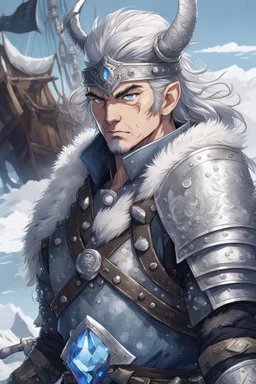 in anime style,1older man, a older man with blue eyes and black hair man in silver Viking armor with fur around the neck with blue crystal on his chest holding an axe in his hands standing on a pirate ship in the artic, warrior in anime style,