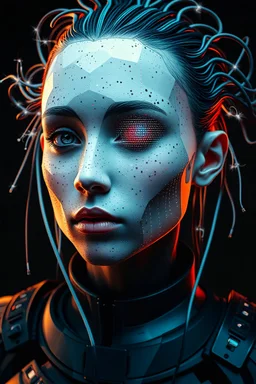 Face Shape: Glitched and polygonal—flickers between perfect symmetry and broken geometry. • Skin: Covered in pixel-like holes and corrupted data patches that flash white noise. • Eyes: One large eye that flickers like a corrupted camera lens. Bleeds binary code. • Hair: Flickering cables that spark when touched, or dissolve into numbers. • Outfit: Broken digital armor, like an unfinished VR avatar—parts are missing or out of sync.