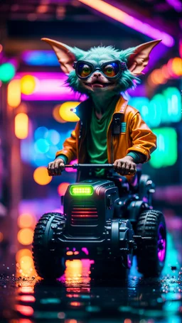 portrait of water wolf Gremlin myth buster pimp ninja yoga cyber punk in flying hipster lawn tractor parked in dark neon lit reflective wet arcade hall tunnel,bokeh like f/0.8, tilt-shift lens 8k, high detail, smooth render, down-light, unreal engine, prize winning