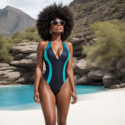[everything, everywhere, all at once: being with her] afro Aisha Tyler mixing techno music in a Hunza G’s silhouette one-piece swimsuit