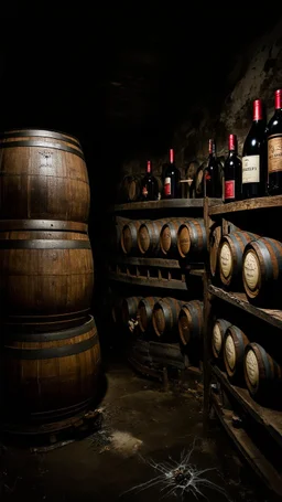An old winery with a lot of old big wine Barrels in a dark room , a few bottles of red wines with and old labels and spider webs on old broken shelf’s in side a dark abandoned underground dark room with a little dim touch on the wall, scary, dramatic, mysterious ambiance