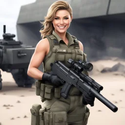 Female soldier, darkblond hair, busty, smiling, standing with submachinegun