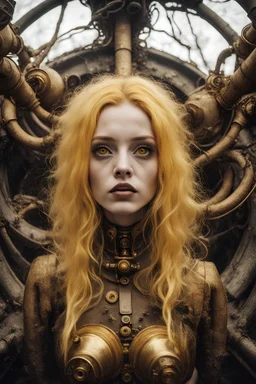 Closeup Girl with big brown eyes, yellow gold hair, fullbody, dieselpunk, valves extended like roots rising from the ground, the perspective looking up from the bottom of an empty well , 8k, macro photography by <John Kenn Mortensen>, darkred tones,