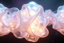 create A picture of 3d complex hypnotic fractal translucent 3D complex structures evolving and morphing, fluid geometry shifting between organic and geometric forms, iridescent glass material with internal glow and pretty bubbles inside,instances must have random translucent material smooth camera orbit, galaxy background, seamless motion, cinematic lighting, generative art style.