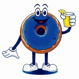 retro Cartoon mascot of a donut holding a glass of lemonade, gloved hands, white shoes,