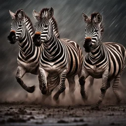 A group of majestic zebras running through a dramatic thunderstorm, with lightning flashing in the sky and rain pouring down around them. The image should capture the intense energy and beauty of this moment.