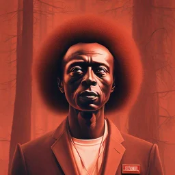 Miles Davis, fire, forest, red, masterpiece, expert, 8K, hyperrealism, sharp focus, cinematic lighting