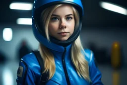Russian girl, blonde hair, dressed in blue car racing suit, posing in photo studio, helmet on and open, racing pit background, looking at viewer, studio lights, photo taken with a Sony Alpha III camera, 50mm lens
