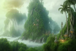 epic matte painting of misty tropical jungle island on stormy ocean, very lush, organic, vines, realistic shaded volumetric lighting, volumetric clouds, ecosystem, ancient, reflective water, intricate, fires, volumetric waves & smoke, randomly placed ground fog, spume, small minutiae, detailed roots, spindrift, tiny features, flowers, ripples, particulars, sharp lines, digital art, 8k, uhd, perspective ground level camera view, ambient occlusion, sunlight caustics, colorful, design by sam curry