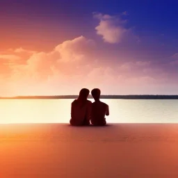 2 lovers watching the sunset sitting in the sand on a sand island