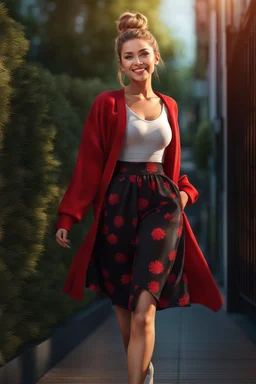 full body ,young woman with clear eyes, messy bun hair, bouncing looking back, soft velvet red/black two piece printed outfit, morning sun, cute, full body, ultra realistic, a variety of small details in the background, hyper realistic, surprised, sweet smile, 8k, HDR, 500px, by Koos Roos