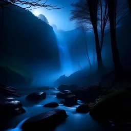 foggy, dark waterfall scene, night, blue, forest