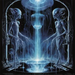 Modern movie poster art by Drew Struzan, surreal composition for sci-fi horror movie "ABANDONDED LAB", dark colors, alien creatures suspended in viscous liquid in a neverending row line of cryogenic chambers, digital art, art from beyond, dramatic, poster art masterpiece!, by Wayne Barlow and H.R. Giger