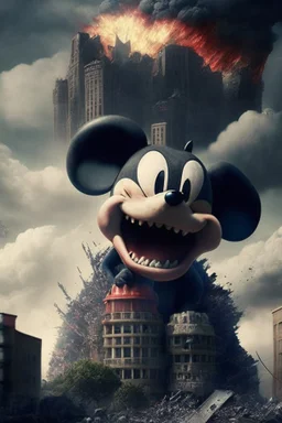 MICKEY MOUSE WITH ACCURATE EYES AS A HUGE GODZILLA DESTROYING BUILDINGS IN SOUTH AFFRICA, PHOTOREALISTIC 4K