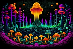 saturated black light colors. millions of dots art detailed mystical trippy ultra saturated neon detailed look into an old wise gnome holding mushrooms next to a fire in the glowing mushroom forest, but a hallway of mushrooms. (Retro Art Nouveau-influenced concert posters). Art deco mushroom border. DMT like entities. aliens and mythical creatures melting faces. white swirls in the blank space