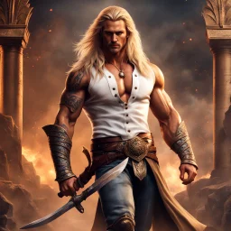 handsome warrior king, muscular, long blonde hair, male age 30, wearing jeans and a white shirt, tan skin, tattoos,photorealistic 4k dark fantasy